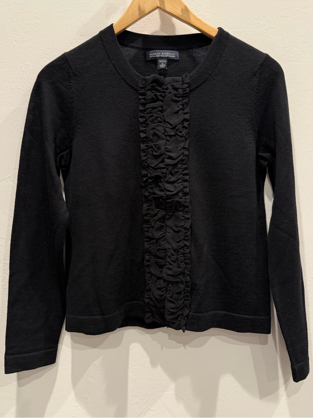 Banana Republic Merino Wool Black Ruffle-Front Sweater Cardigan